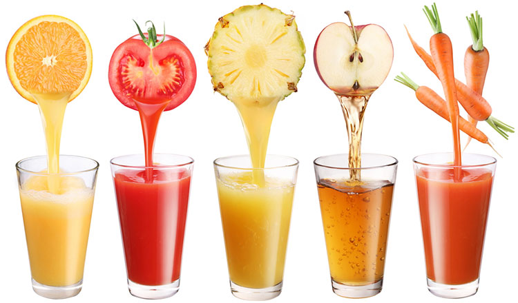 Different Juices Going Into Glasses